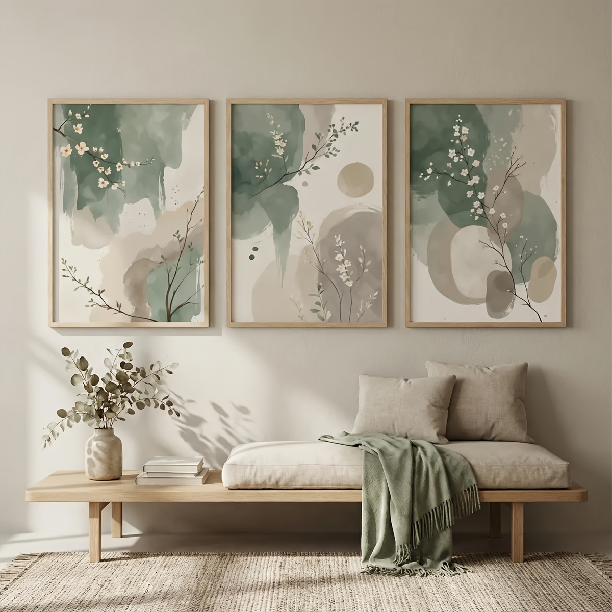 Home Office Word - 3-teiliges Japanisches Pflanzen-Leinwandbild Rahmenlose Abstrakte Aquarell-Salbeigrün