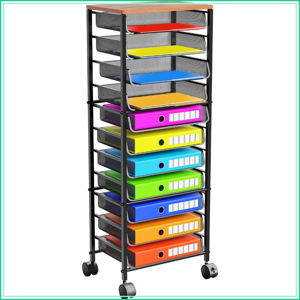 Letter Tray Desk - 12-stufiger Rollender Aktenwagen mit 11 Netzfächern,